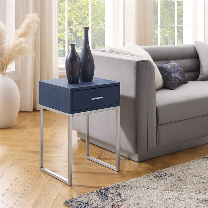 Posh Living Omer Faux Shagreen End Table Navy/Chrome