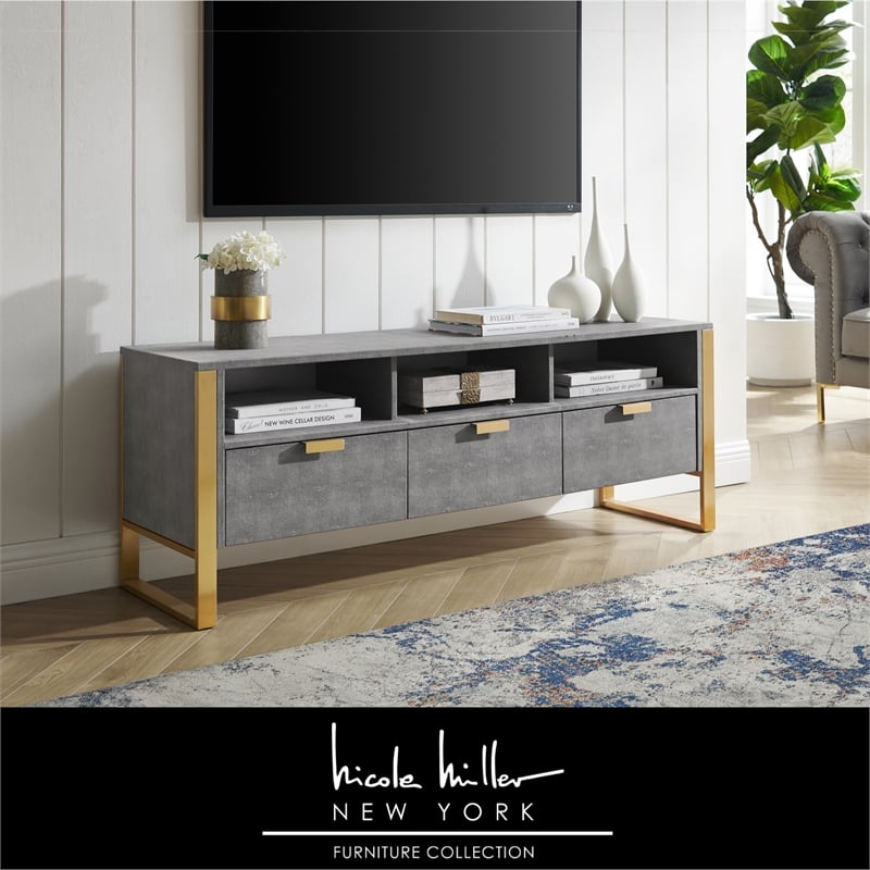 Posh Living Omer Faux Shagreen TV Stand/Cabinet Gray/Gold