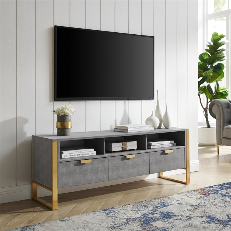Posh Living Omer Faux Shagreen TV Stand/Cabinet Gray/Gold