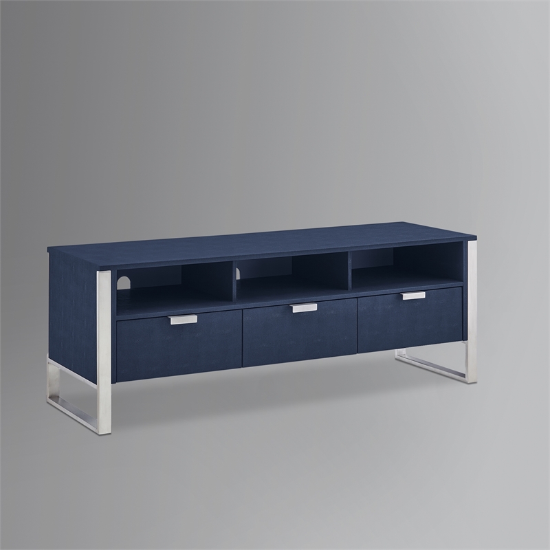 Posh Living Omer Faux Shagreen TV Stand/Cabinet Navy/Chrome