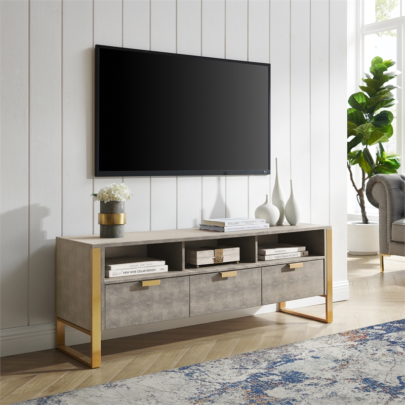Posh Living Omer Faux Shagreen TV Stand/Cabinet Cream White/Gold