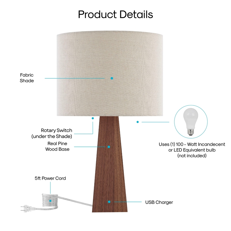 Posh Living Catarina Table Lamp 5ft Power Cord USB Charger Beige