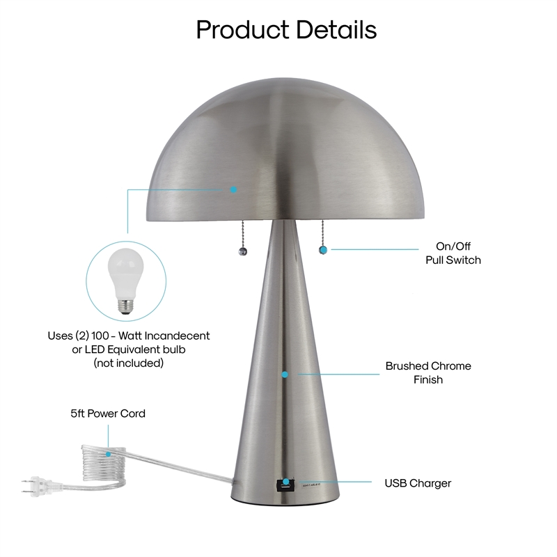 Posh Living Bradford Table Lamp USB Charger Stainless Steel