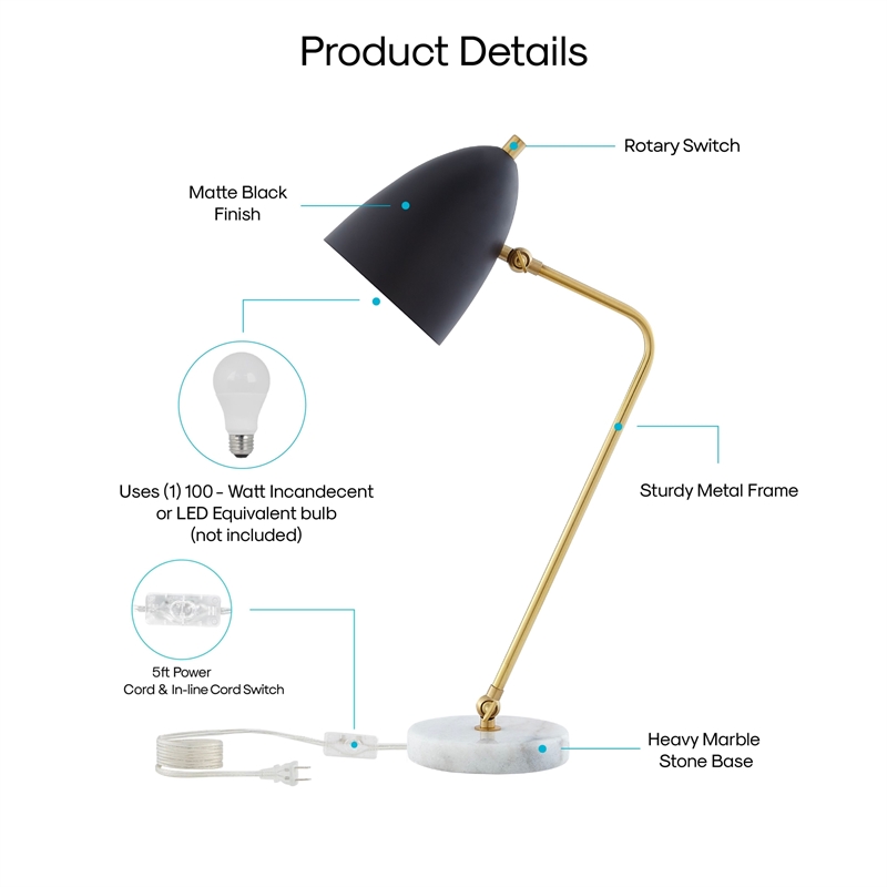 Posh Living Parth Table Lamp 5ft Power Cord Marble Stone Base Black