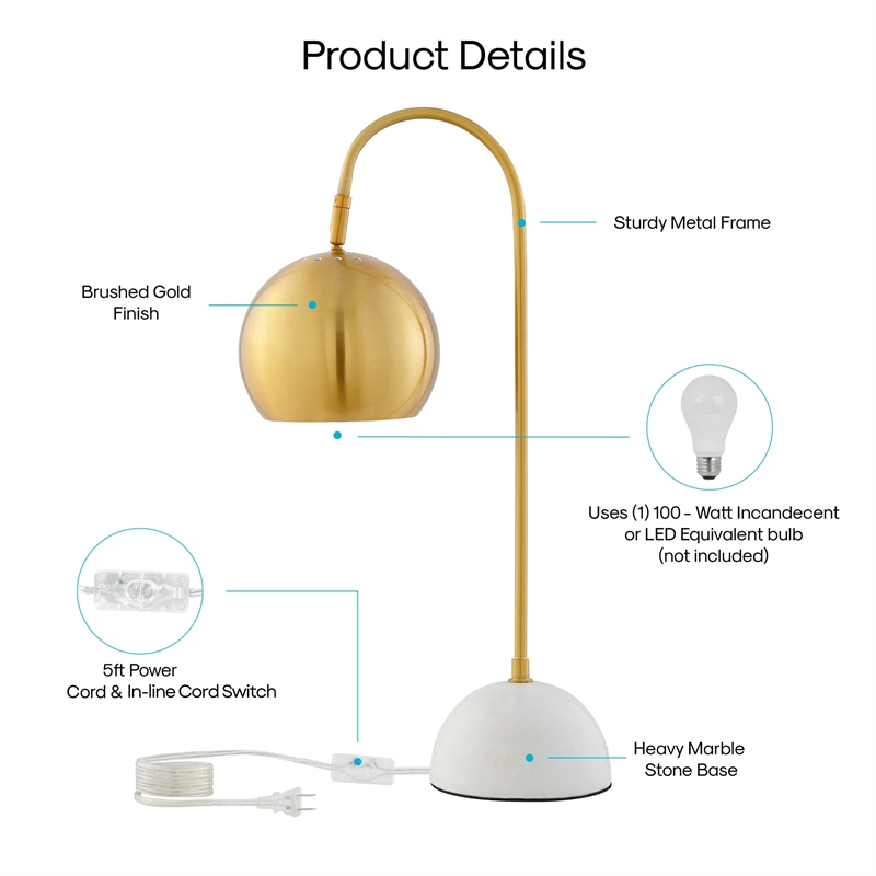 Posh Living Ambar Table Lamp 5ft Power Cord Marble Stone Base Brass