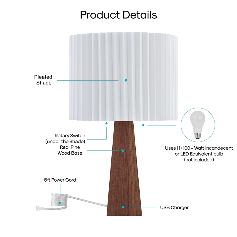 Posh Living Catarina Table Lamp 5ft Power Cord USB Charger Ivory