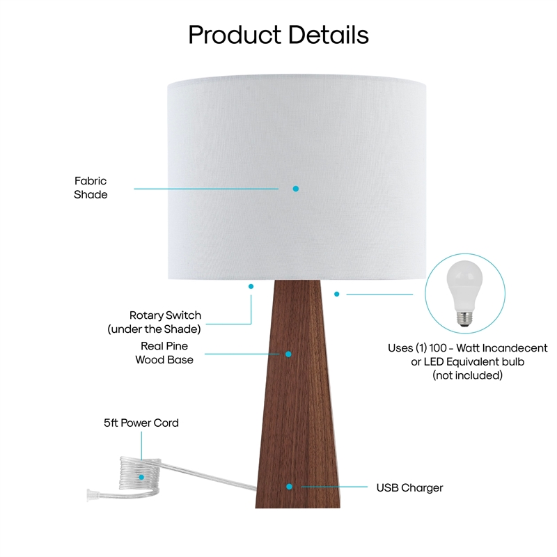 Posh Living Catarina Table Lamp 5ft Power Cord USB Charger White