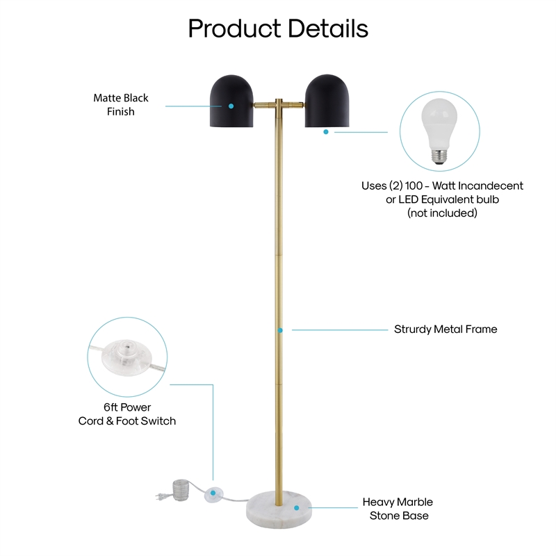 Posh Living Kaylei Floor Lamp 6ft Power Cord Foot Switch 2 Lights Black