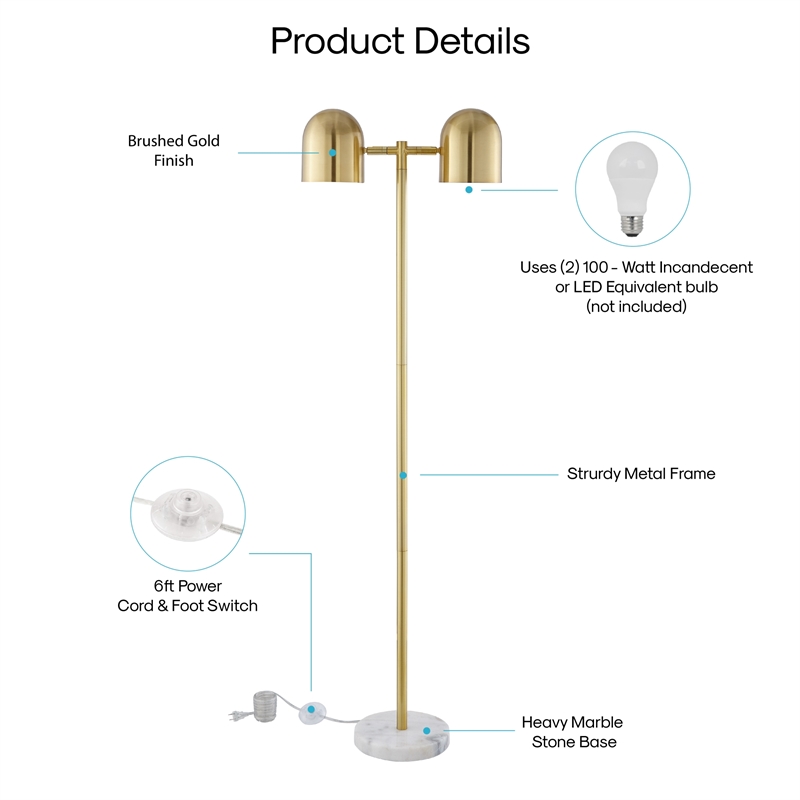 Posh Living Kaylei Floor Lamp 6ft Power Cord Foot Switch 2 Lights Brass