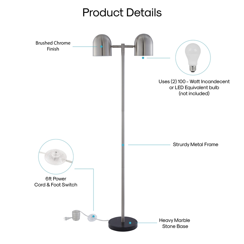 Posh Living Kaylei Floor Lamp 6ft Power Cord Foot Switch 2 Light Stainless Steel