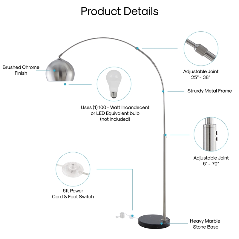 Posh Living Lillia Floor Lamp 6ft Power Cord Marble Stone Base Stainless Steel