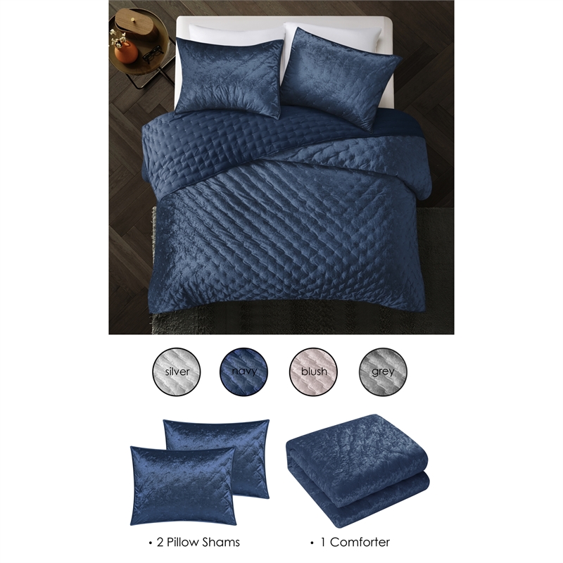 Posh Living Safiya Velvet 3pc Full/Queen Comforter Set Navy