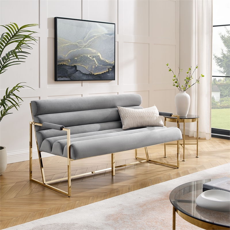 Posh Living Makynlee Velvet Settee Loveseat Grey/Gold