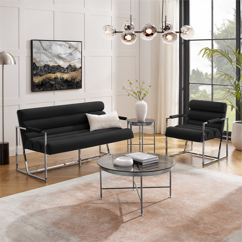 Posh Living Makynlee Velvet Settee Loveseat Black/Chrome