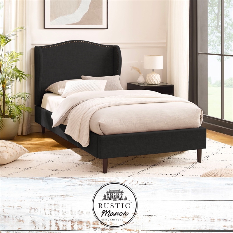 Posh Living Linen & Solid Wood Platform Bed Twin XL Size in Gray/Charcoal