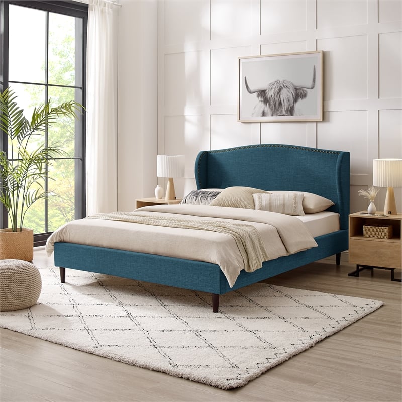 Posh Living Adelyne Linen & Solid Wood Platform Bed Queen Size in Navy Blue