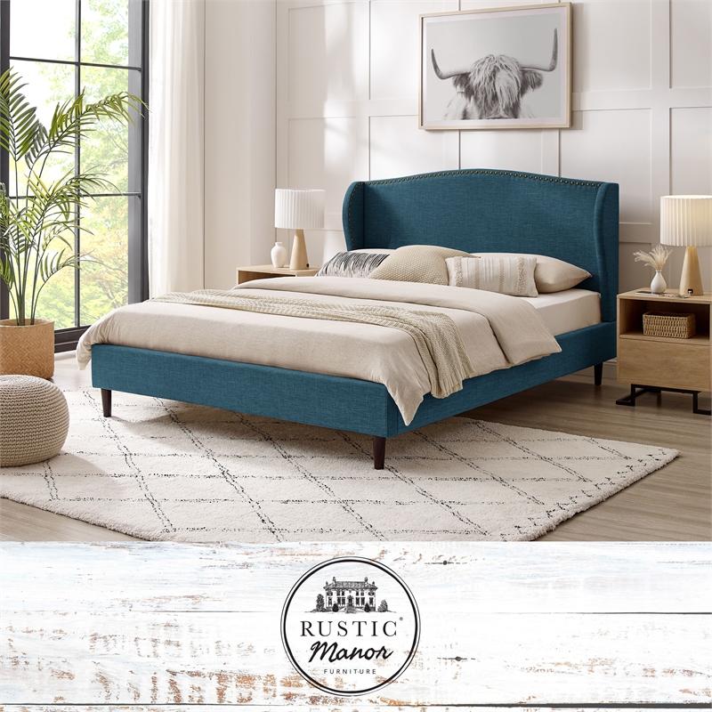 Posh Living Adelyne Linen & Solid Wood Platform Bed Queen Size in Navy Blue