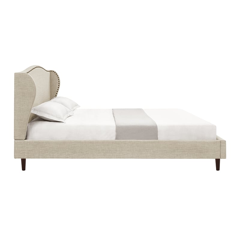 Posh Living Adelyne Linen & Solid Wood Platform Bed King Size in Brown/Beige