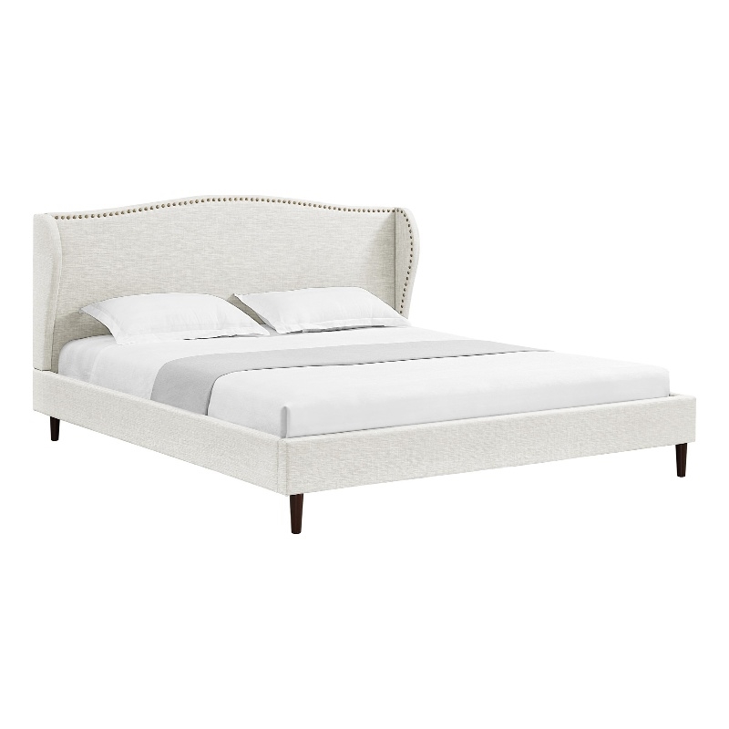 Posh Living Adelyne Linen & Solid Wood Platform Bed King Size in Cream White
