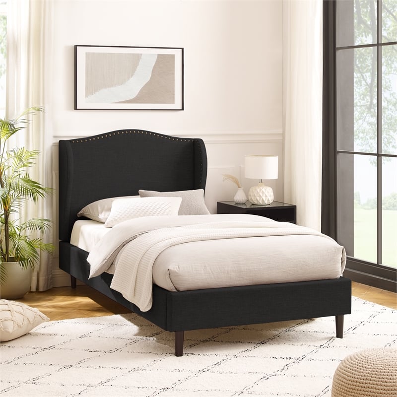 Posh Living Adelyne Linen & Solid Wood Platform Bed Full Size in Gary/Charcoal