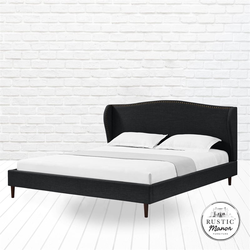 Posh Living Adelyne Linen & Solid Wood Platform Bed Queen Size in Gray/Charcoal