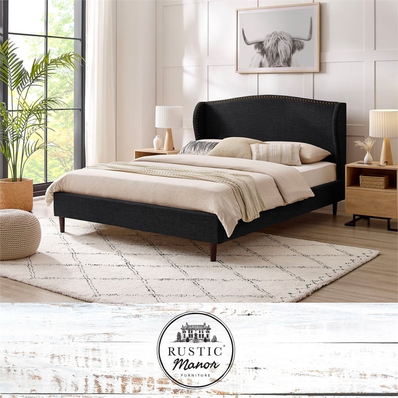 Posh Living Adelyne Linen & Solid Wood Platform Bed Queen Size in Gray/Charcoal