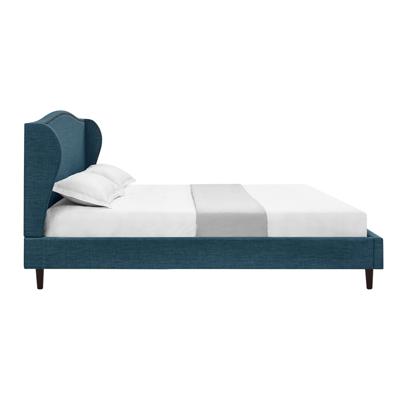 Posh Living Adelyne Linen & Solid Wood Platform Bed King Size in Navy Blue