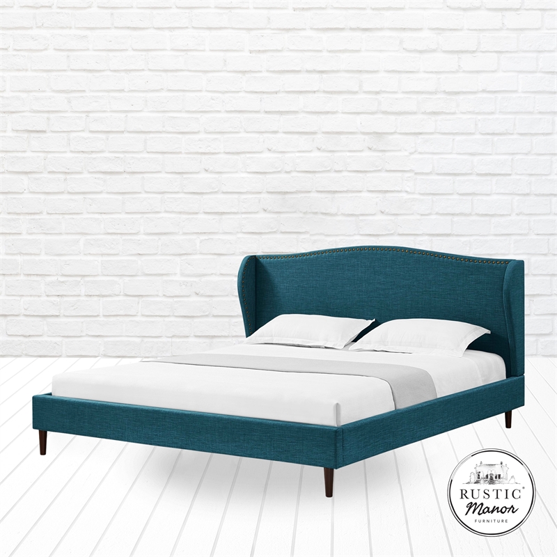 Posh Living Adelyne Linen & Solid Wood Platform Bed King Size in Navy Blue