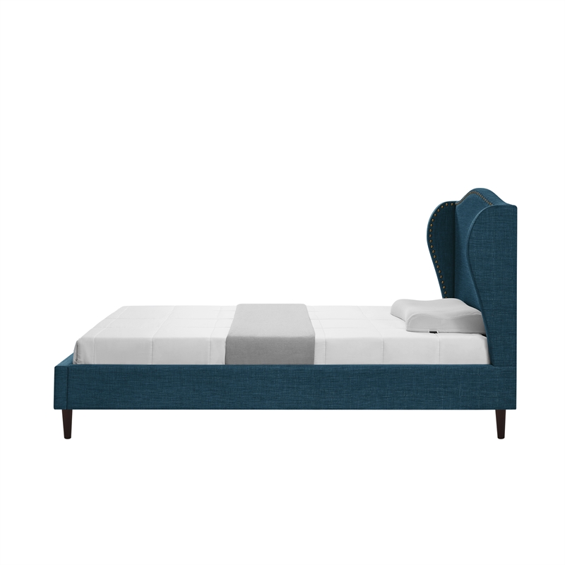 Posh Living Adelyne Linen & Solid Wood Platform Bed Twin XL Size in Navy Blue