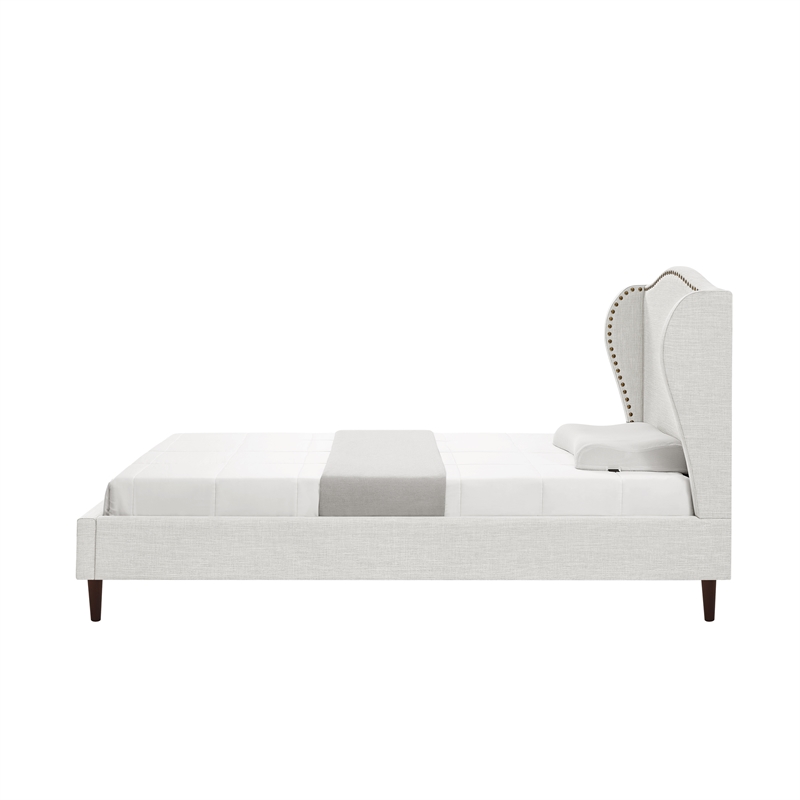 Posh Living Adelyne Linen & Solid Wood Platform Bed Twin XL Size in Cream White