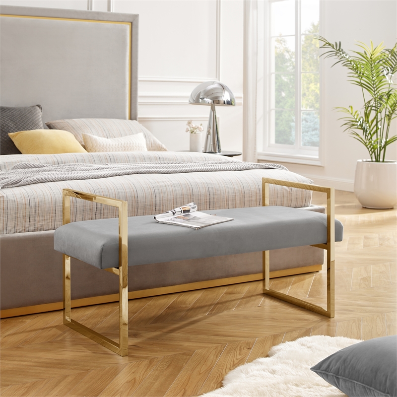 Posh Living Makynlee Velvet Bench Grey/Gold