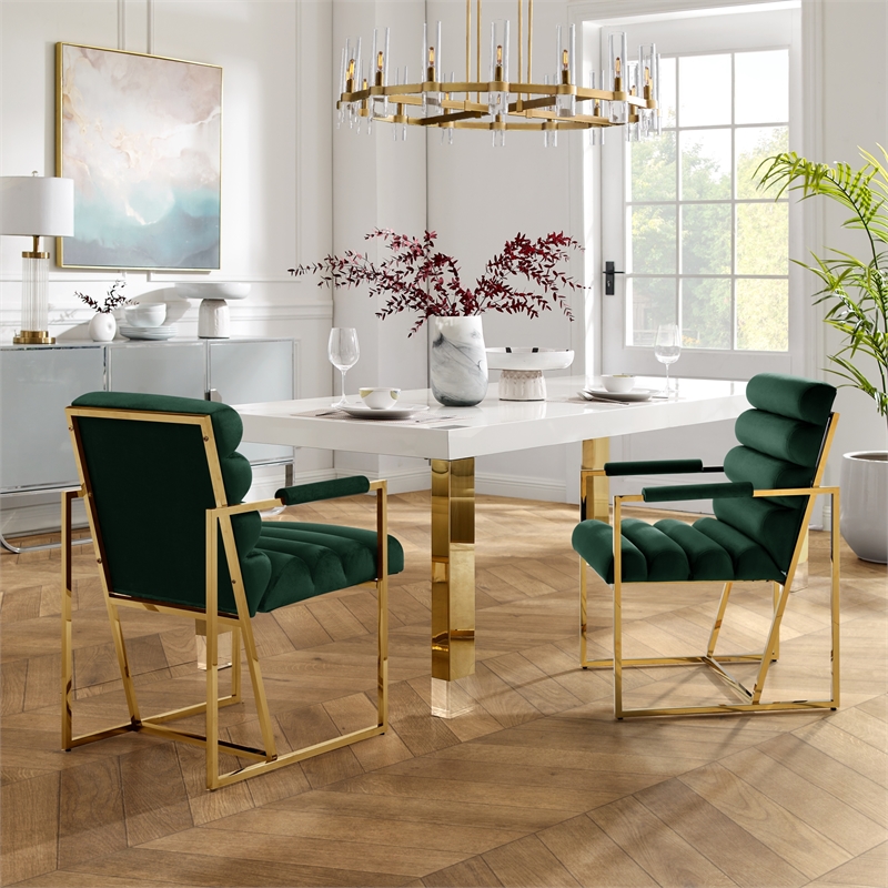 Posh Living Makynlee Velvet Dining Chair with Arm Hunter Green/Gold