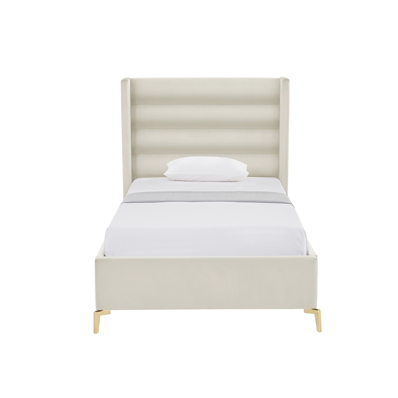 Posh Living Kaeson Upholstered Velvet & Wood Twin XL Platform Bed in Cream White