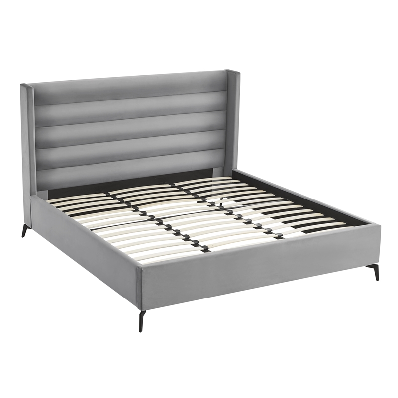 Posh Living Kaeson Upholstered Velvet & Wood King Platform Bed in Light Gray