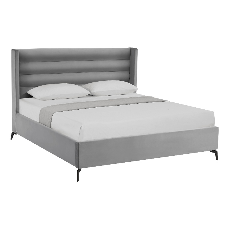 Posh Living Kaeson Upholstered Velvet & Wood King Platform Bed in Light Gray