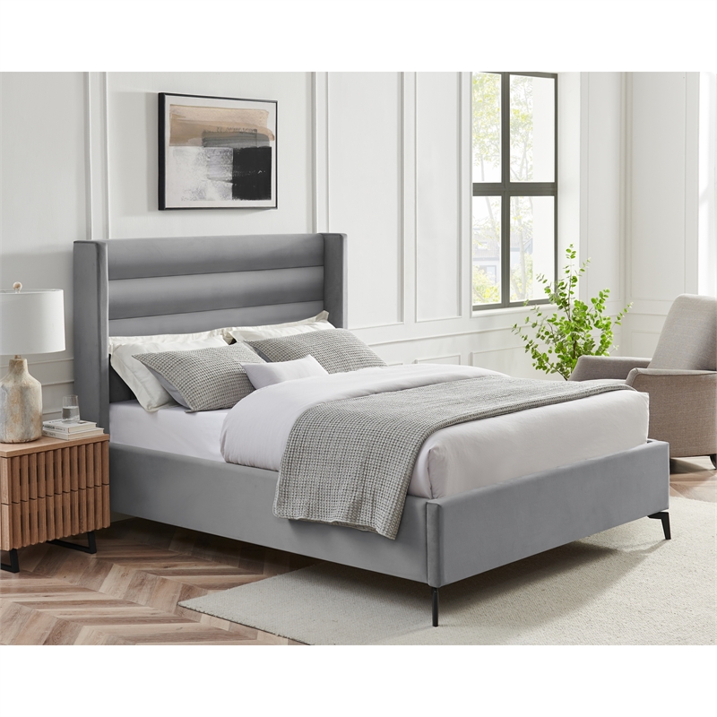 Posh Living Kaeson Upholstered Velvet & Wood Queen Platform Bed in Light Gray