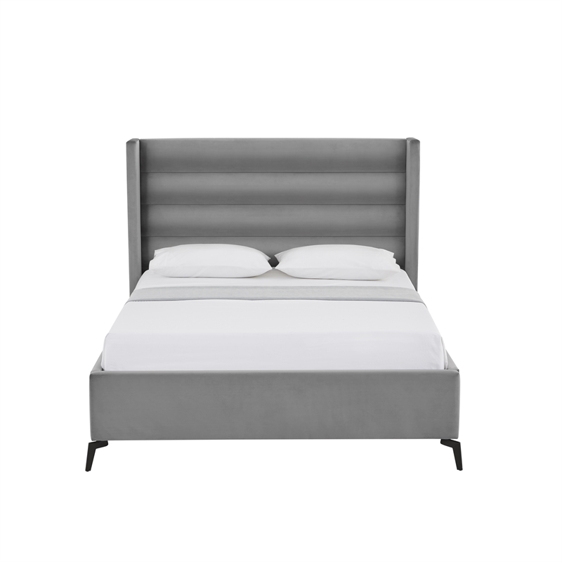 Posh Living Kaeson Upholstered Velvet & Wood Queen Platform Bed in Light Gray