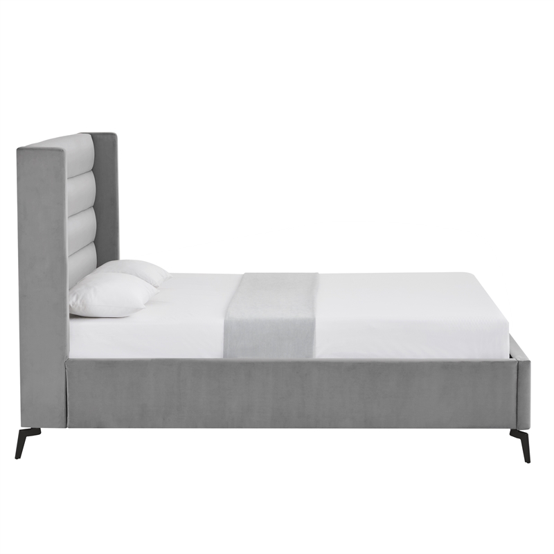 Posh Living Kaeson Upholstered Velvet & Wood Queen Platform Bed in Light Gray