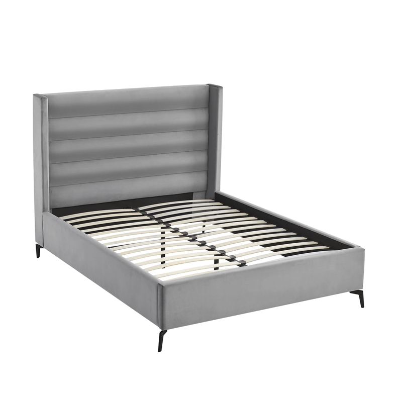 Posh Living Kaeson Upholstered Velvet & Wood Queen Platform Bed in Light Gray