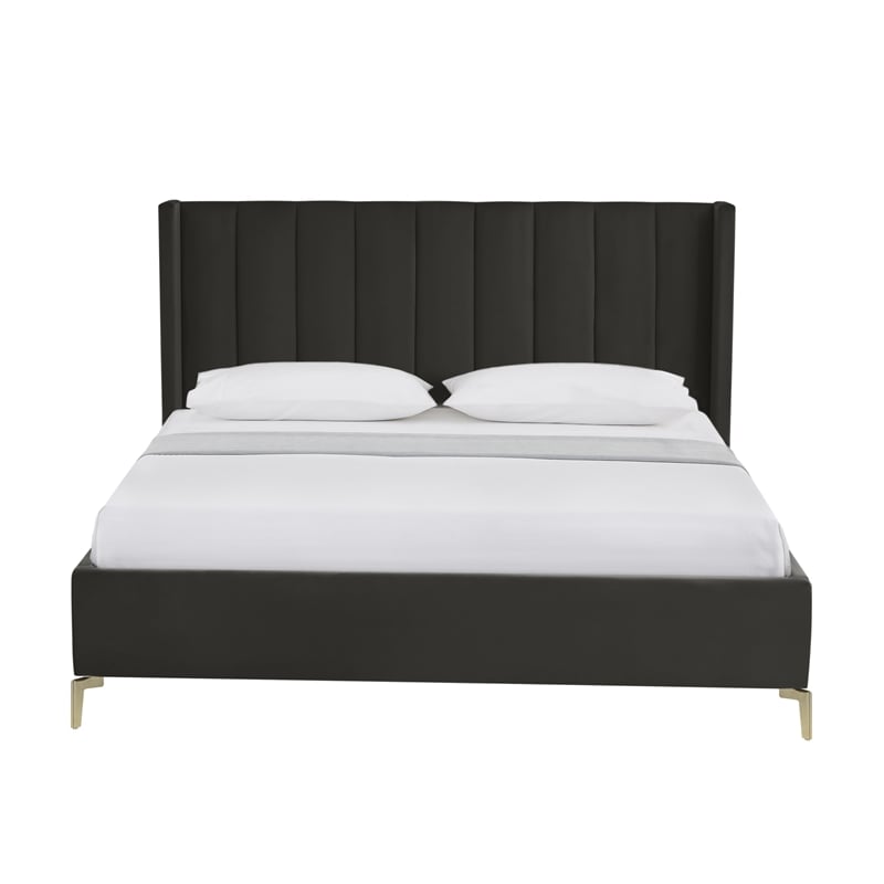Posh Living Kam Upholstered Velvet & Wood King Platform Bed in Black