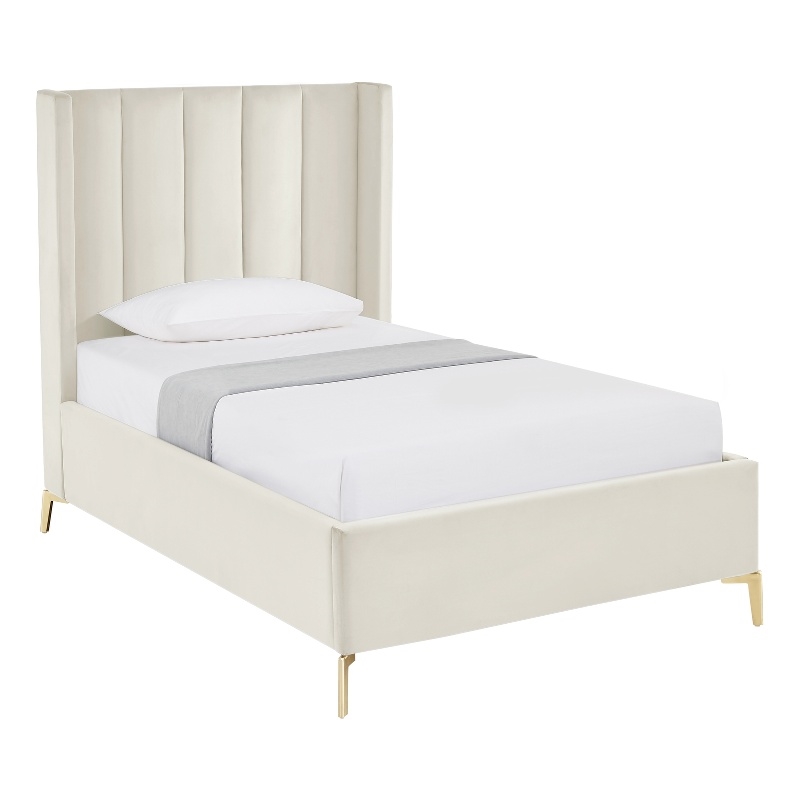 Posh Living Kam Upholstered Velvet & Wood Full Platform Bed in Cream White