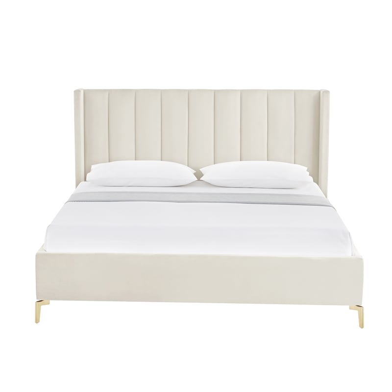 Posh Living Kam Upholstered Velvet & Wood King Platform Bed in Cream White