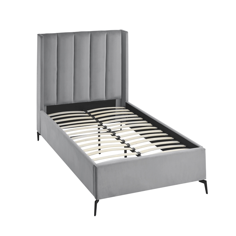 Posh Living Kam Upholstered Velvet & Wood Full Platform Bed in Light Gray