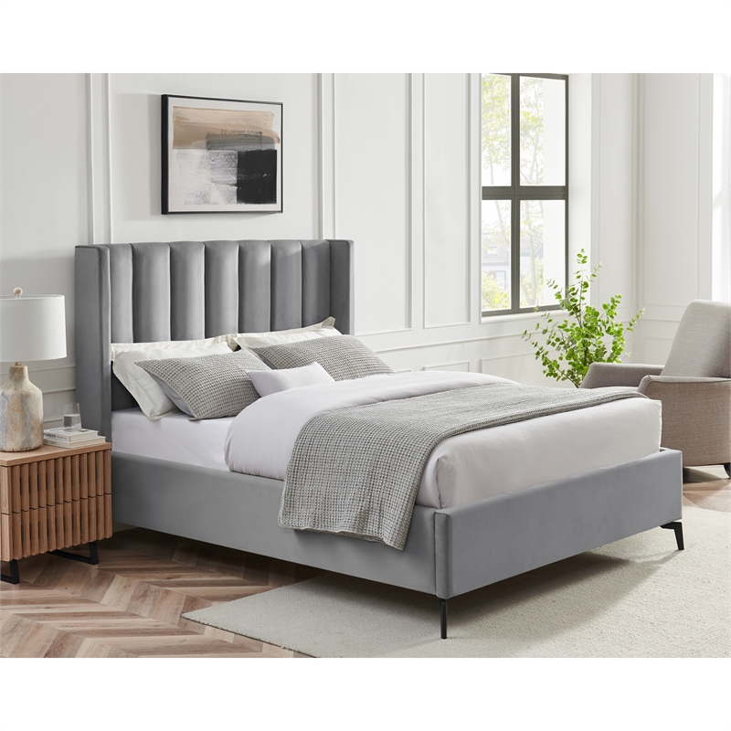 Posh Living Kam Upholstered Velvet & Wood King Platform Bed in Light Gray