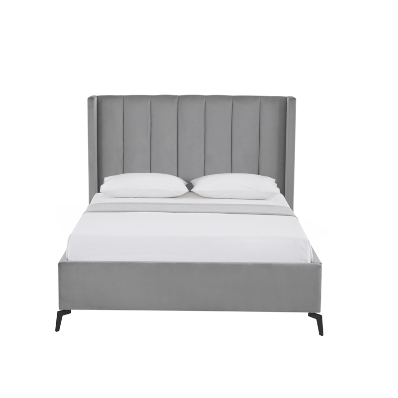 Posh Living Kam Upholstered Velvet & Wood Queen Platform Bed in Light Gray