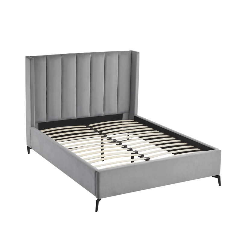 Posh Living Kam Upholstered Velvet & Wood Queen Platform Bed in Light Gray