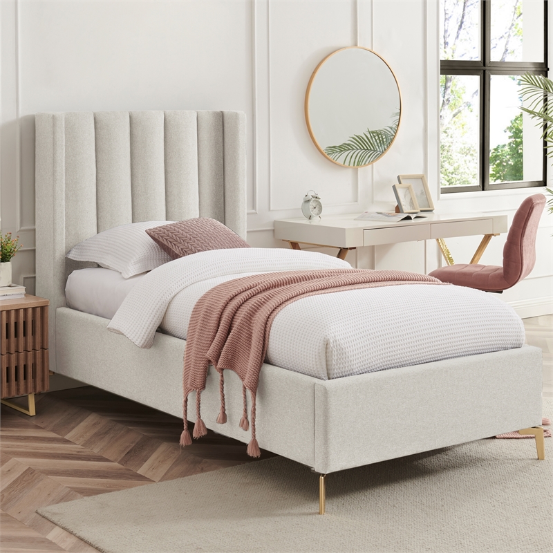 Posh Living Kam Upholstered Linen & Wood Full Platform Bed in Light Beige