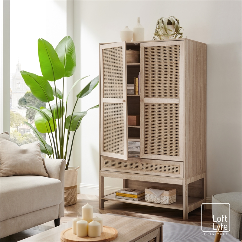 Posh Living Aralyn Wood Storage Cabinet Wardrobe Dresser in Natural/Beige