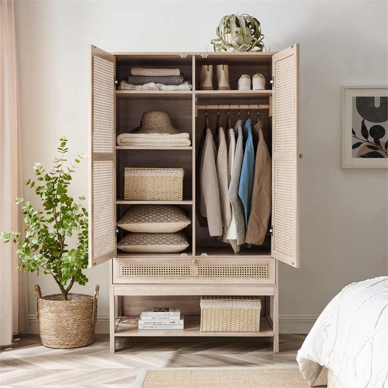 Posh Living Aralyn Wood Storage Cabinet Wardrobe Dresser in Natural/Beige