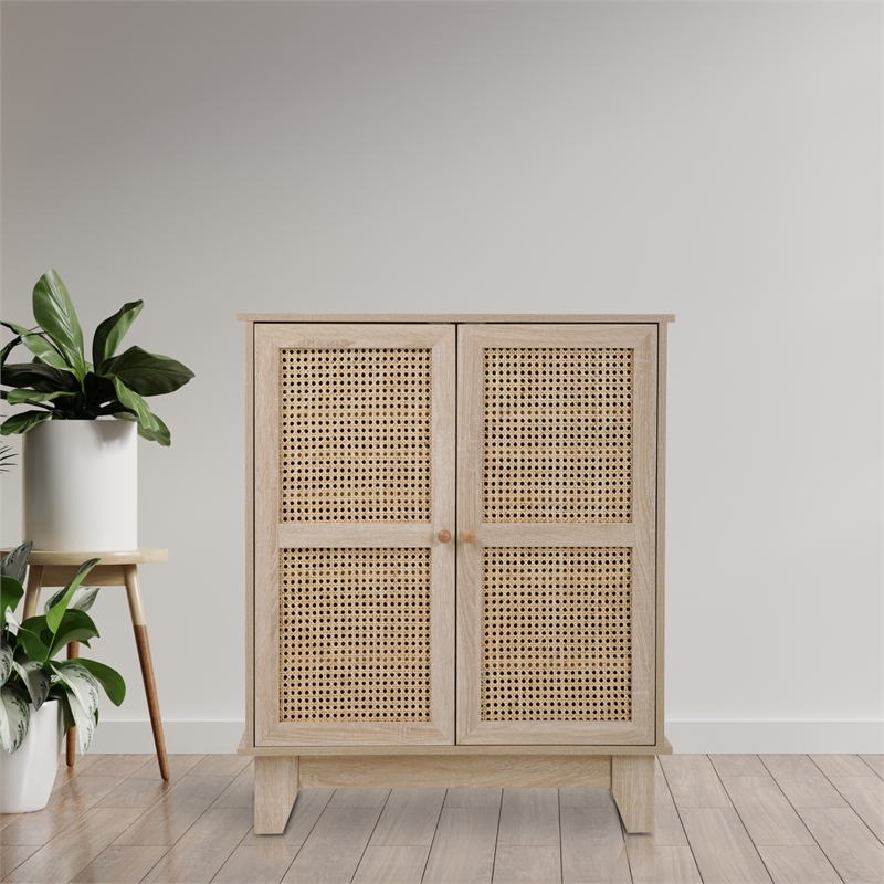 Posh Living Aralyn 2-Door Wood & Rattan Cabinet with Shelves in Beige/Natural